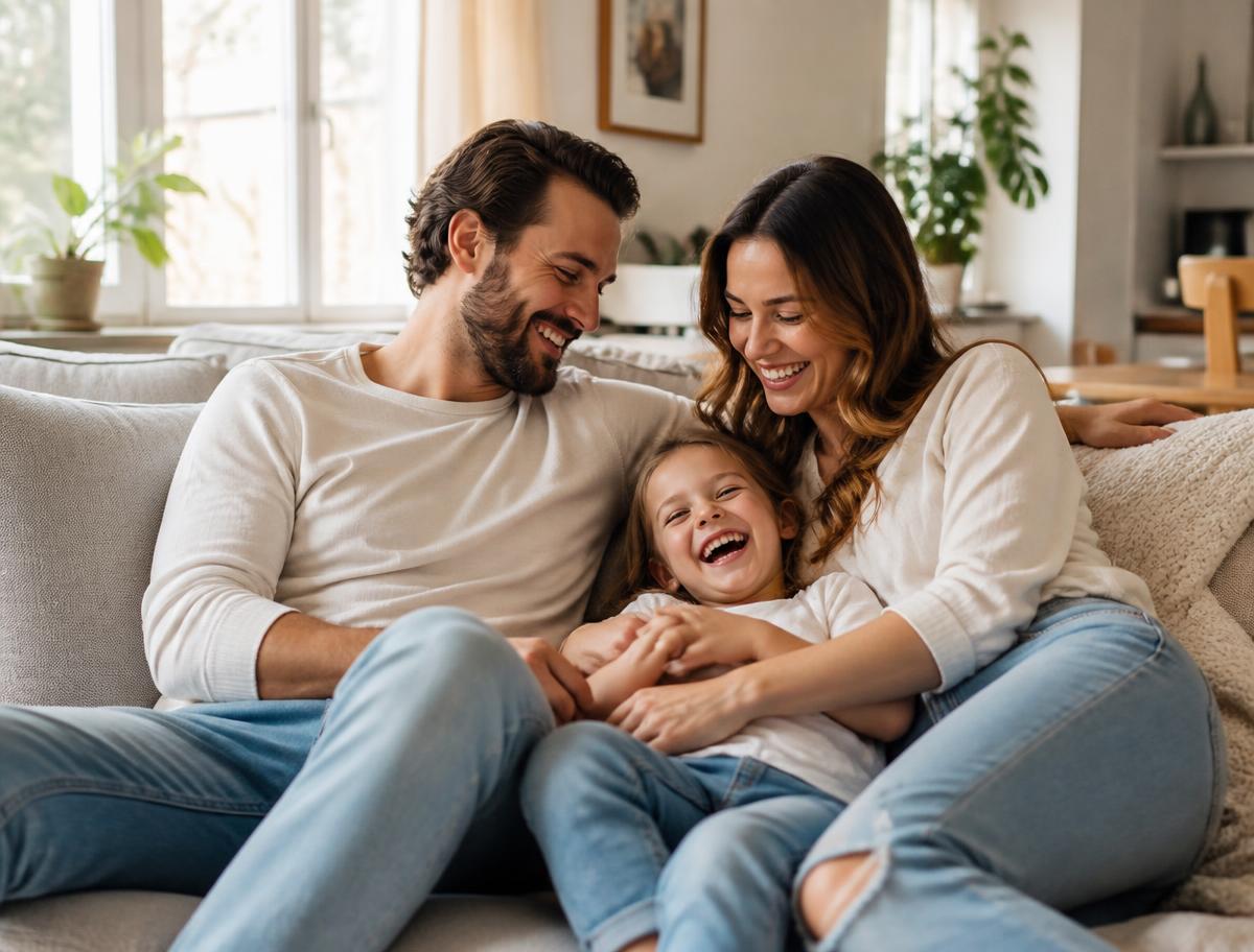A white family of three relaxing together on a couch in a bright living room